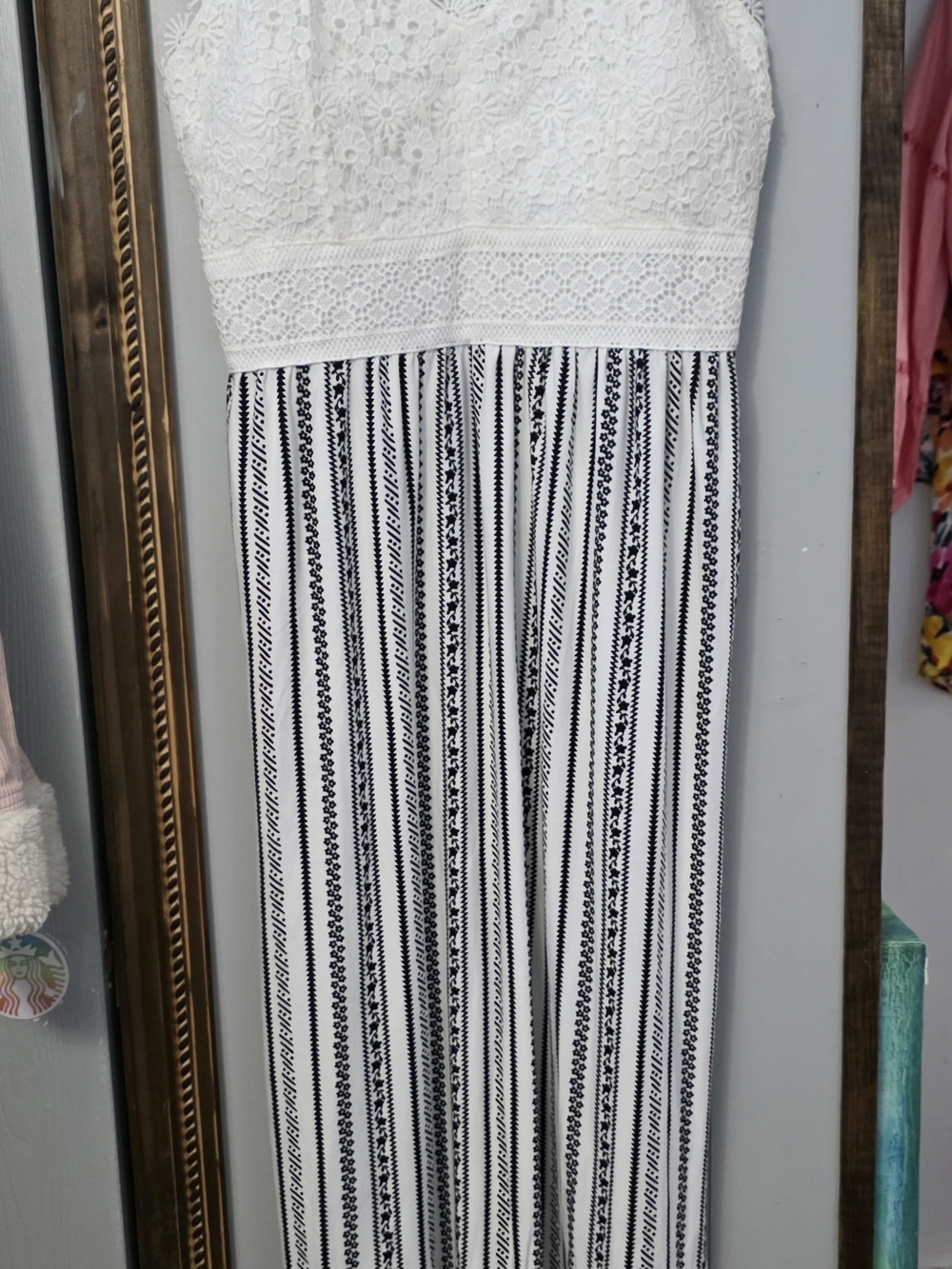 Women's White Lace Bodice Black-Striped MAXI
